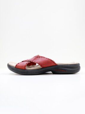 Merrell Topo Lattice Red Leather Flat Thong Sandals - 8. Dark spot on left shoe